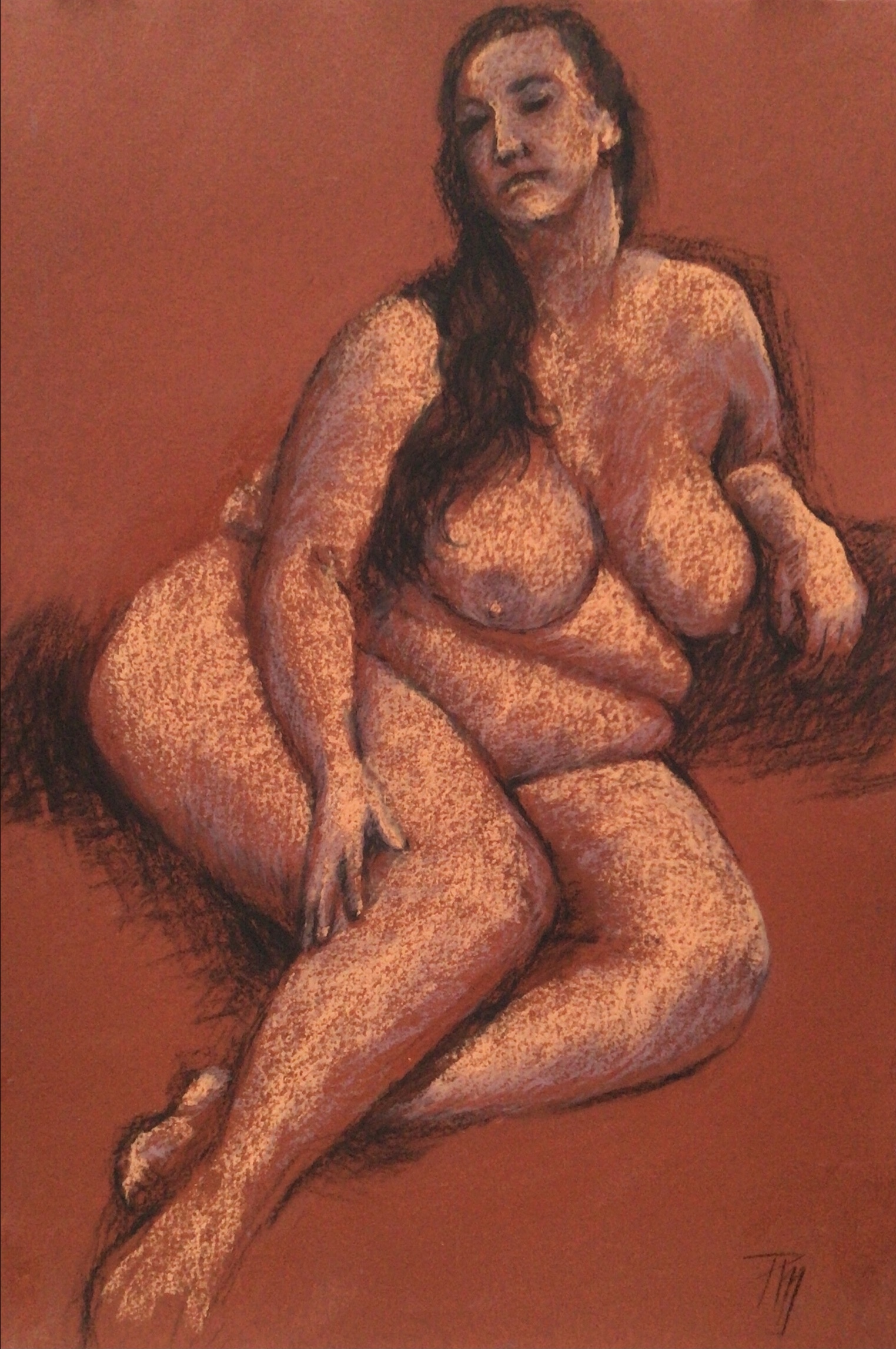 Pastel painting of curvaceous reclining nude woman