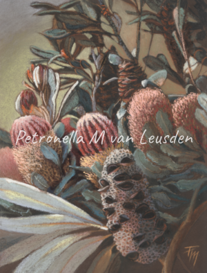 Pastel painting of salmon coloured banksia flowers surrounded by leaves and branches