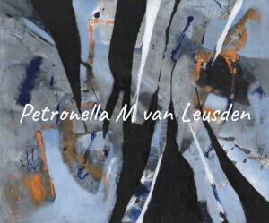 Abstract painting featuring jagged bold lines in black, blue and orange